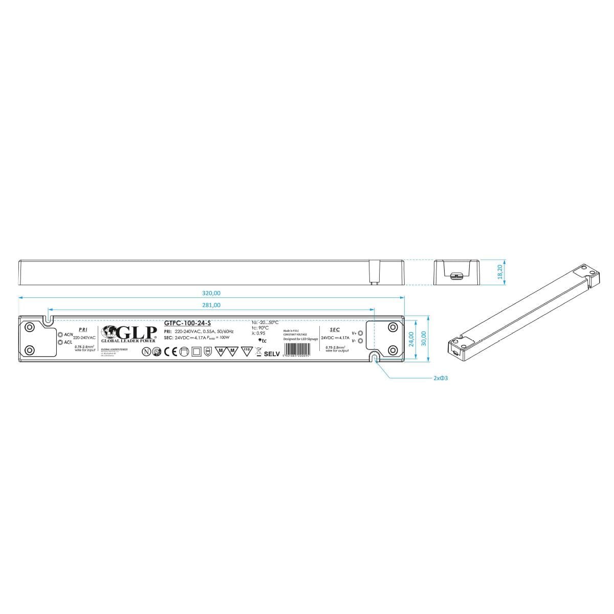 GLPGTPC-100-12-SLEDNetzteilextremflachfrMbeleinbau100W12V834AIP20SchaltnetzteilCV-20118_1920x1920