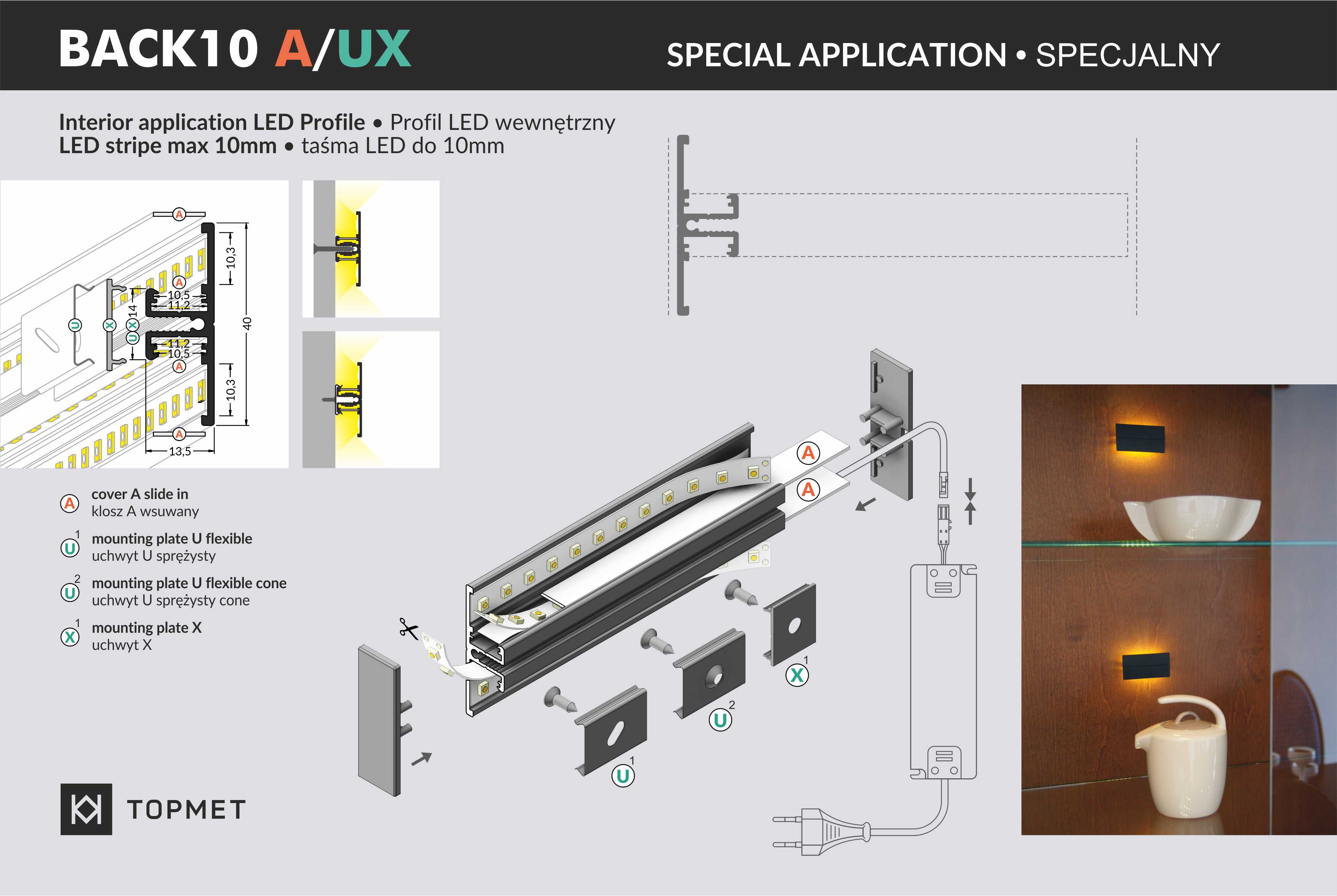 LED Profil Wandmontage BACK10 A/UX 2m Alu-eloxiert schwarz