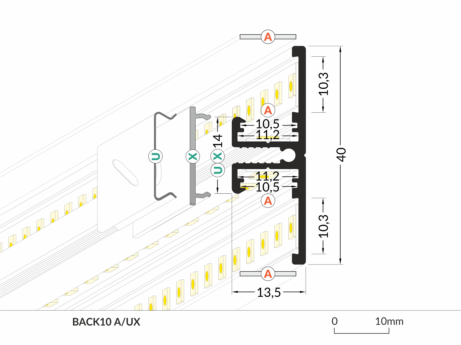 LED Profil Wandmontage BACK10 A/UX 2m Alu-eloxiert schwarz