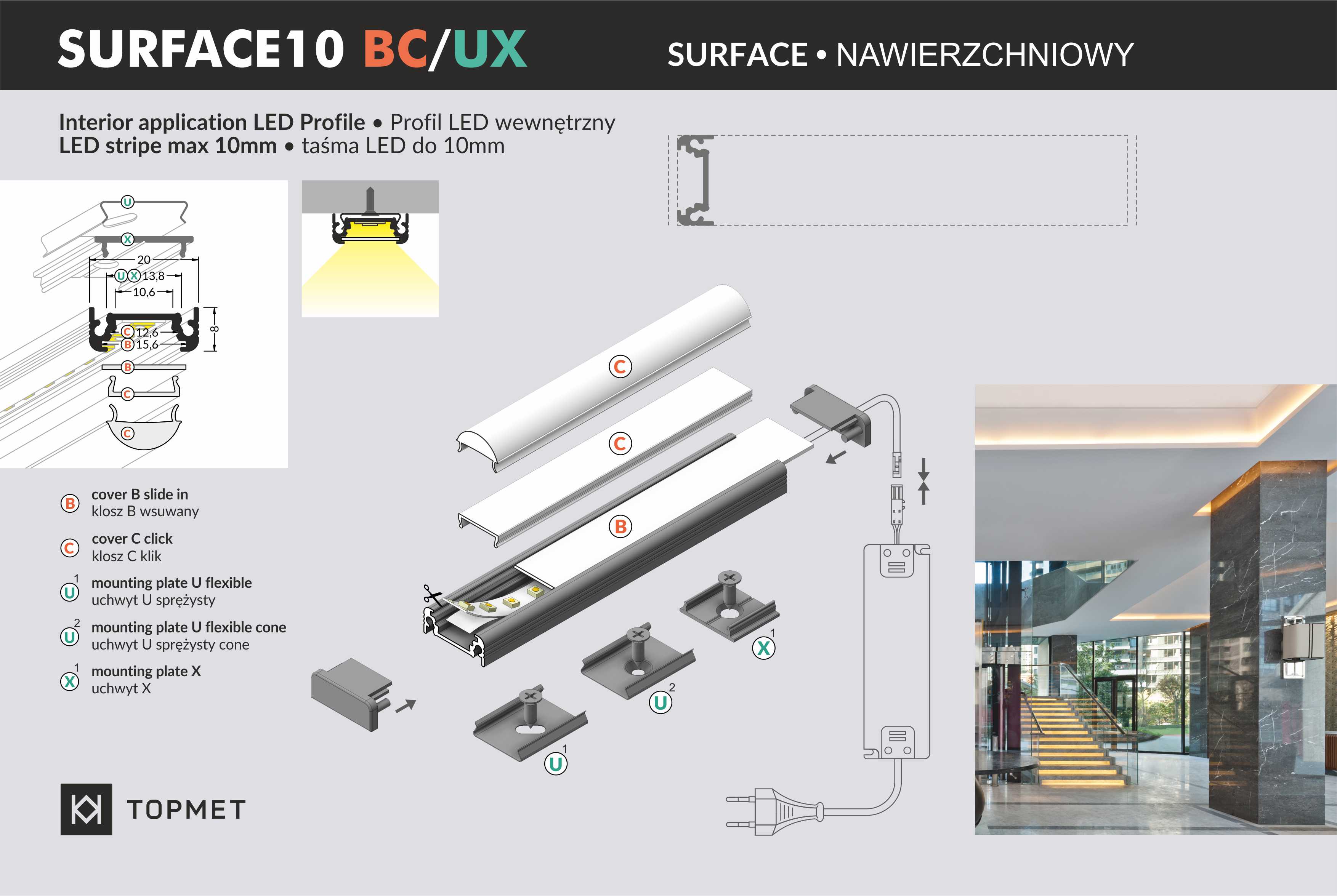 LED Alu Aubauprofil SURFACE10 BC/UX 1m weiß
