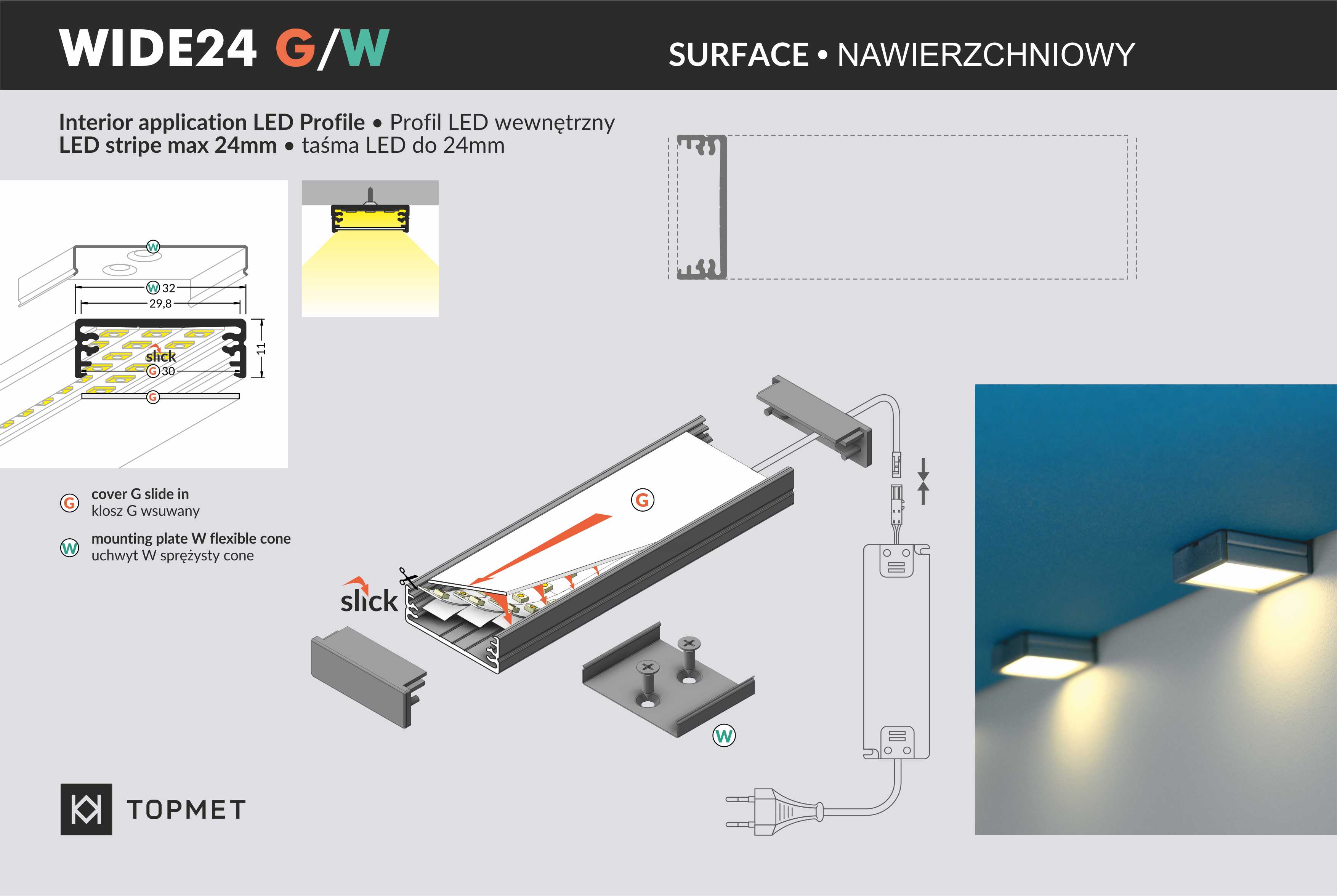 LED Alu Aufbauprofil WIDE24 G/W 1m Alu-eloxiert schwarz