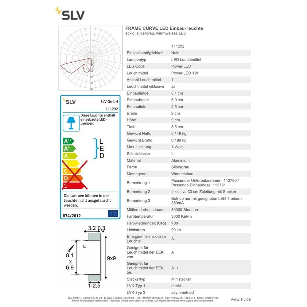 SLV Frame Curve LED Einbauleuchte eckig silbergrau Warmweiße LED