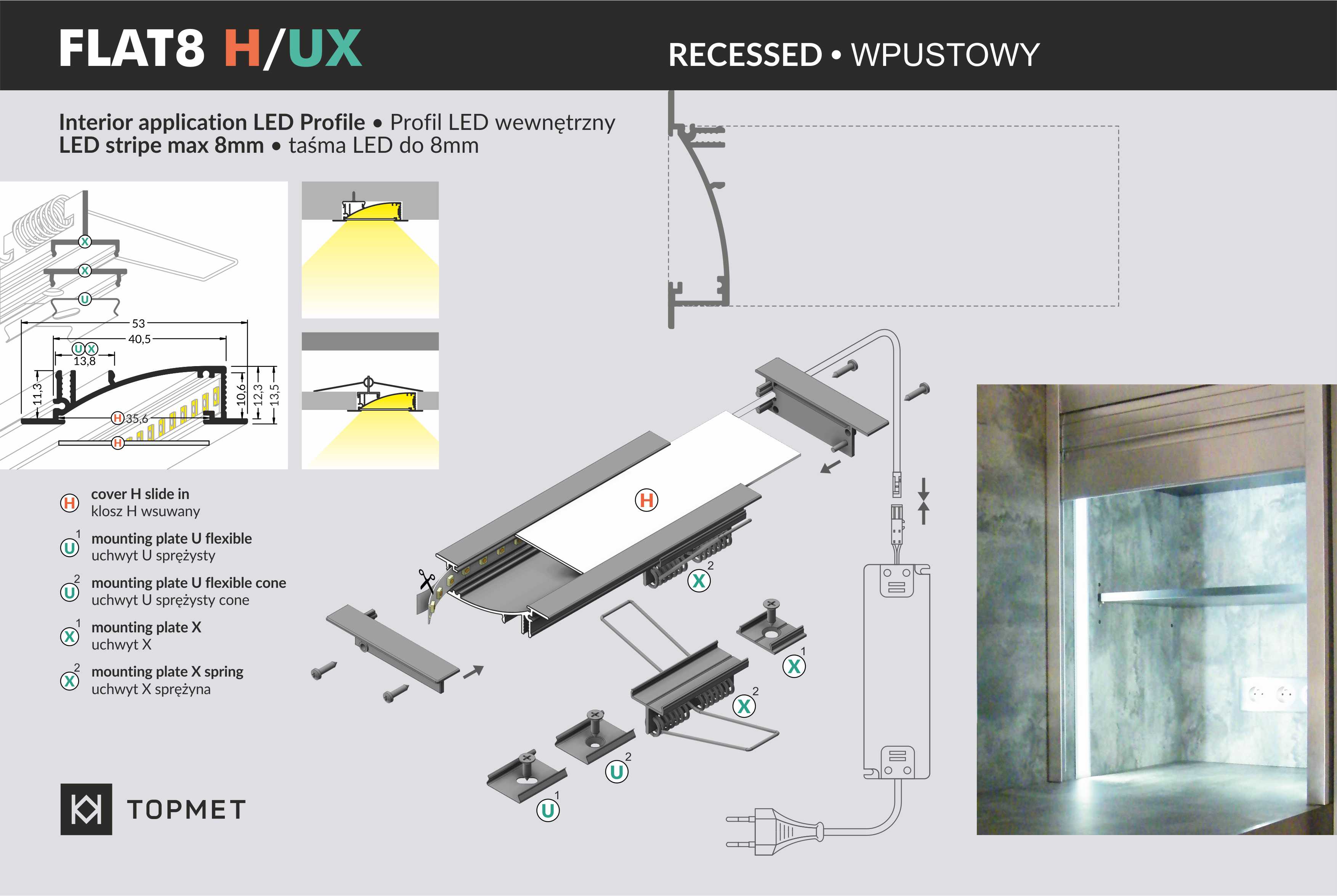 LED Alu Einbauprofil FLAT8 H/UX 2m Alu eloxiert