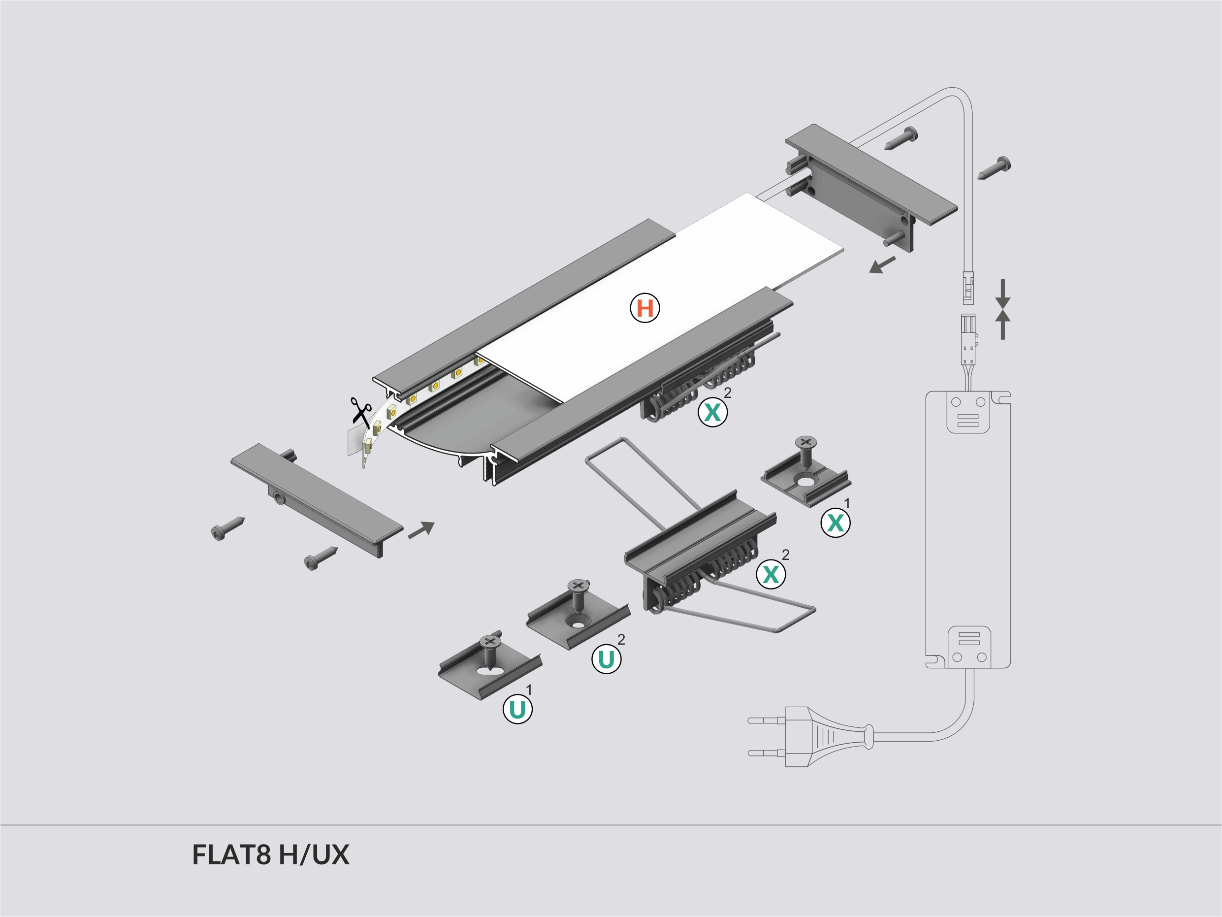 LED Alu Einbauprofil FLAT8 H/UX 2m Alu eloxiert