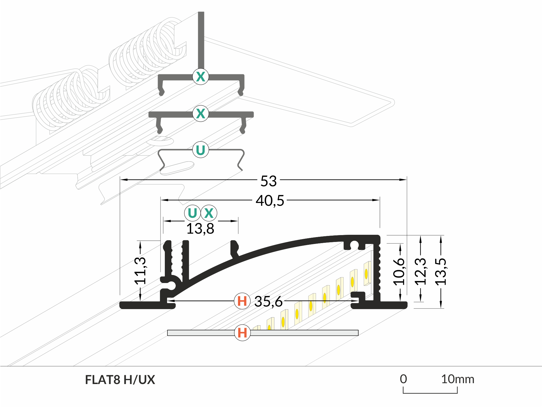 LED Alu Einbauprofil FLAT8 H/UX 2m Alu eloxiert