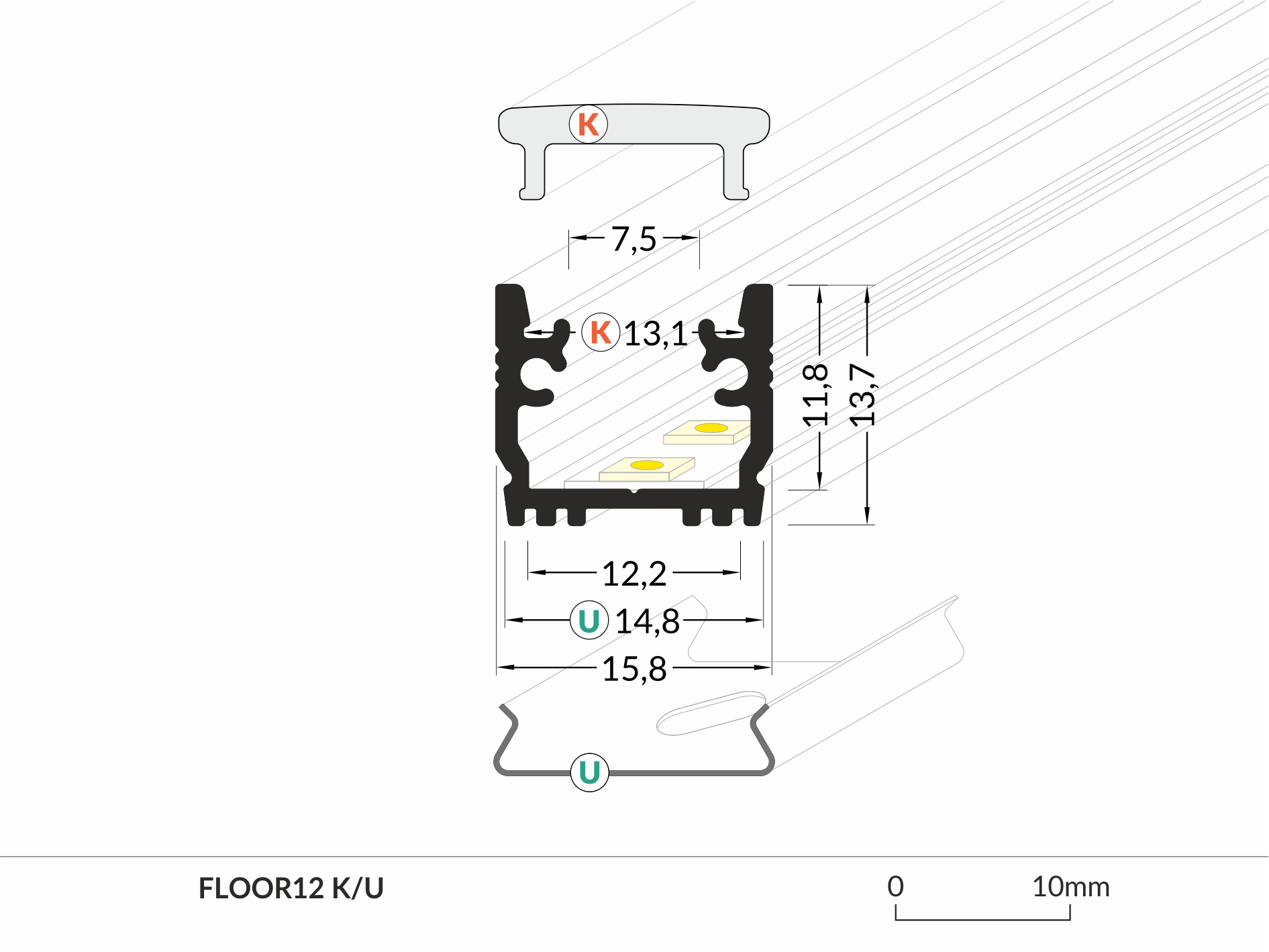 LED Alu Aufbauprofil FLOOR12 K/U 2m Alu eloxiert