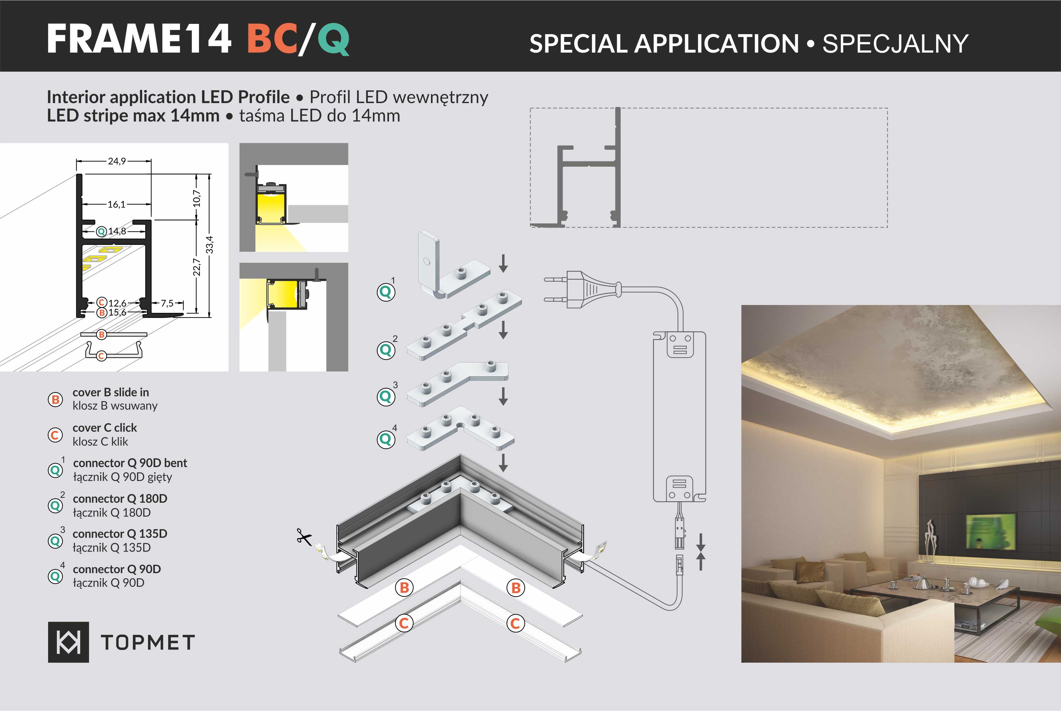 LED Profil Wandmontage FRAME14 BC/Q 2m Alu-eloxiert