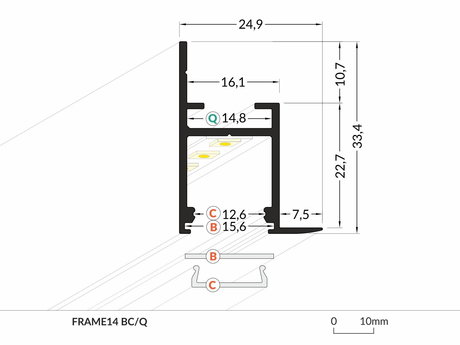 LED Profil Wandmontage FRAME14 BC/Q 2m Alu-eloxiert