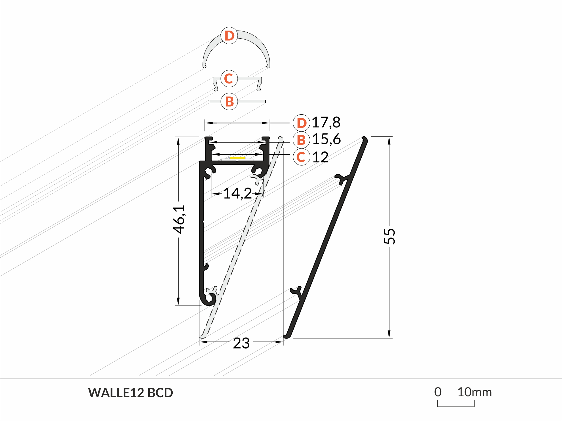 LED Wandprofil WALLE12 BCD 2m Alu-eloxiert Weiß
