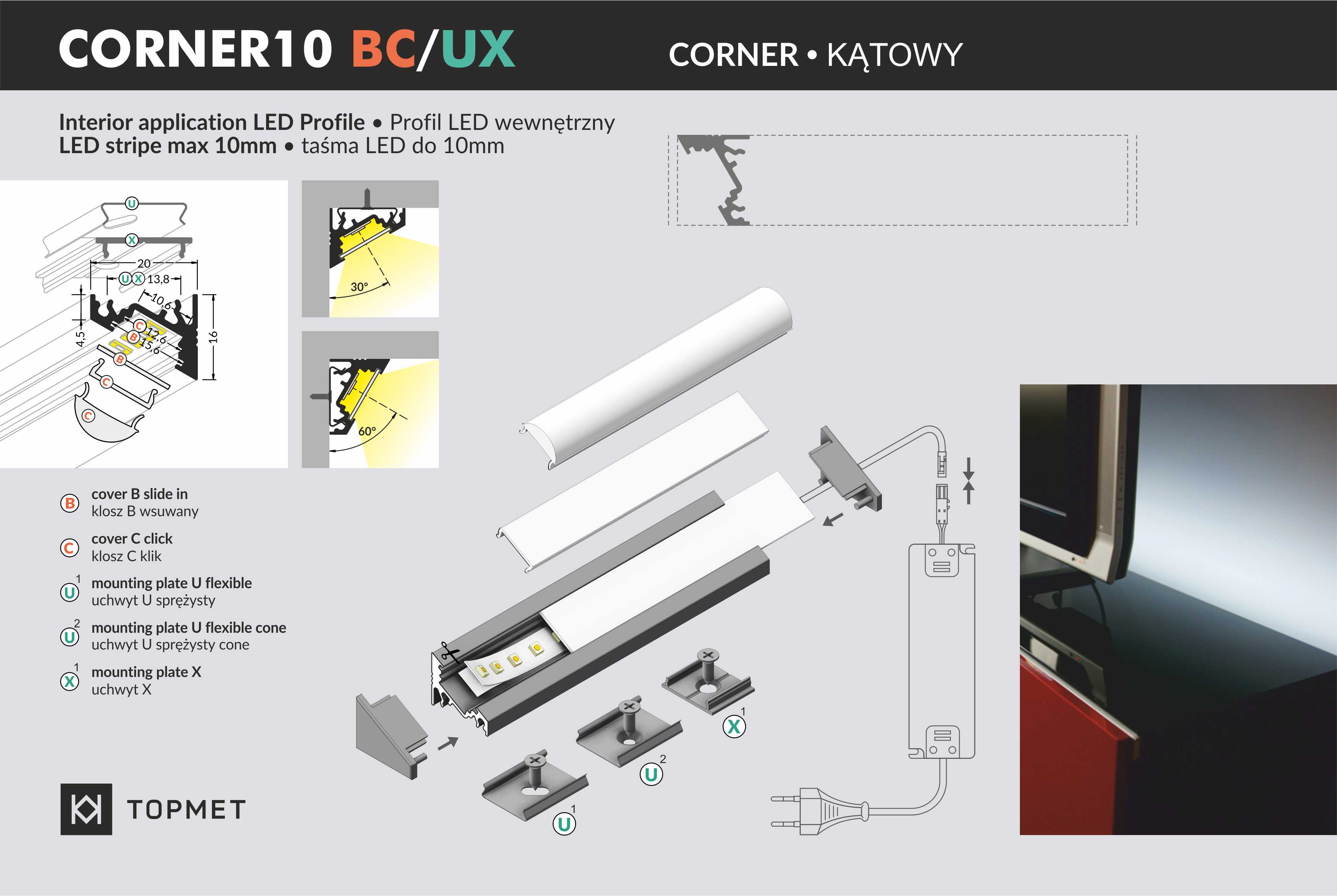 LED Alu Eckprofil CORNER10 BC/UX 2m Alu eloxiert schwarz